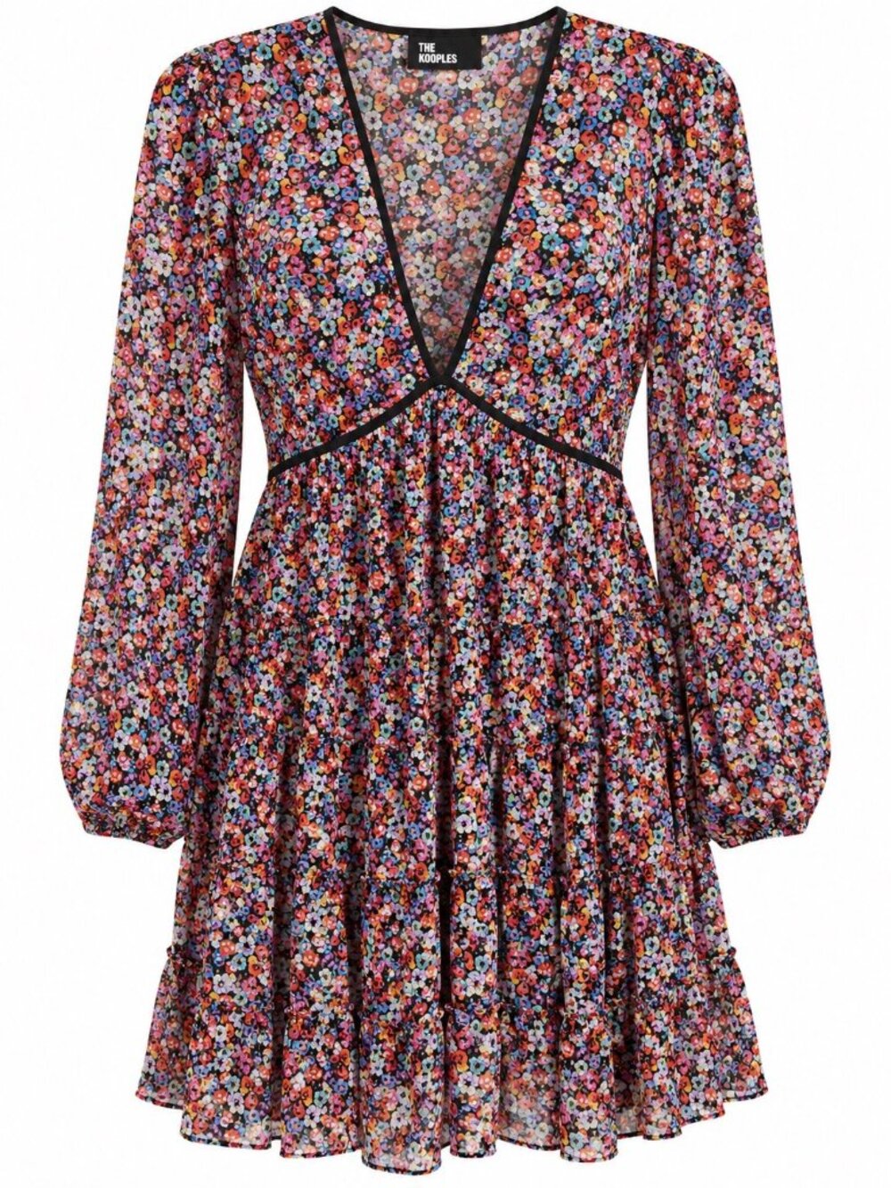 The Kooples Floral Long-Sleeve V-Neck Mini Dress Black Multicolor Size 1